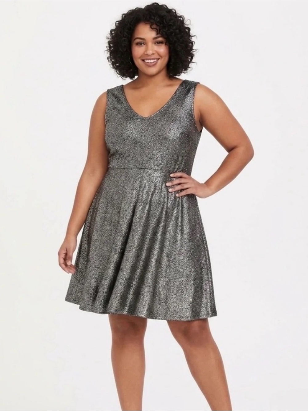 torrid Metallic Silver V-Neck Fit & Flare Dress